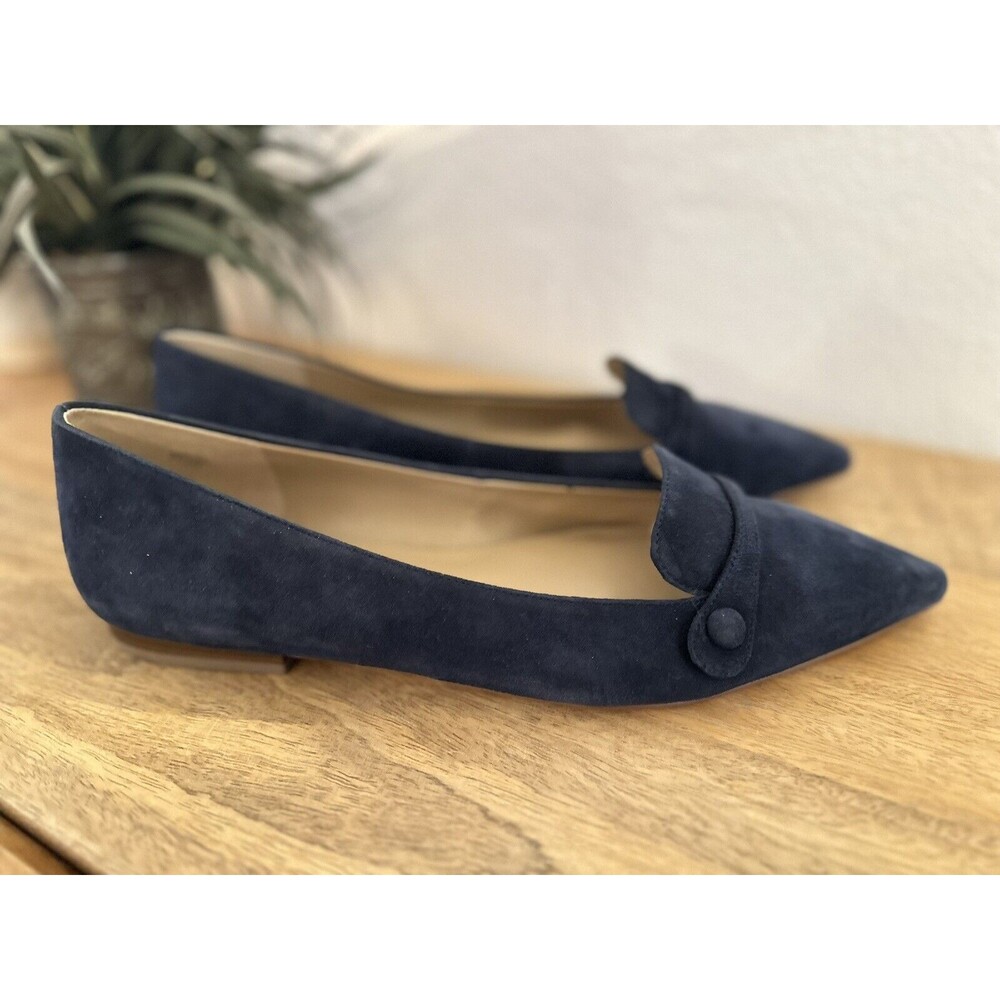 ANN TAYLOR January Button Flats Navy Suede Leather Loafers Size 11 Pointed Toe